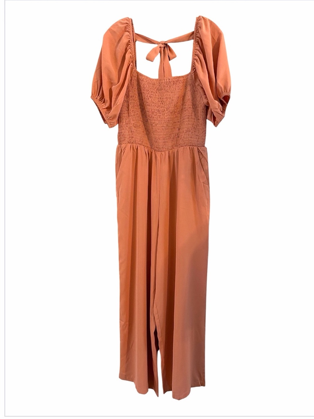 We Love Fashion Smocked Puff Sleeve Wide Leg Jumpsuit Tie Back Coral Pink Size M